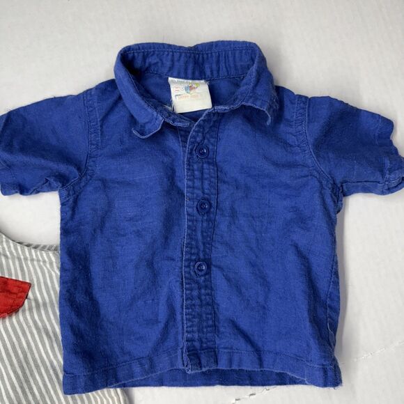 Vintage Happy Kids Gray Stipe Bib Overalls & Button Blue Shirt Size 3-6 Months - Picture 5 of 13
